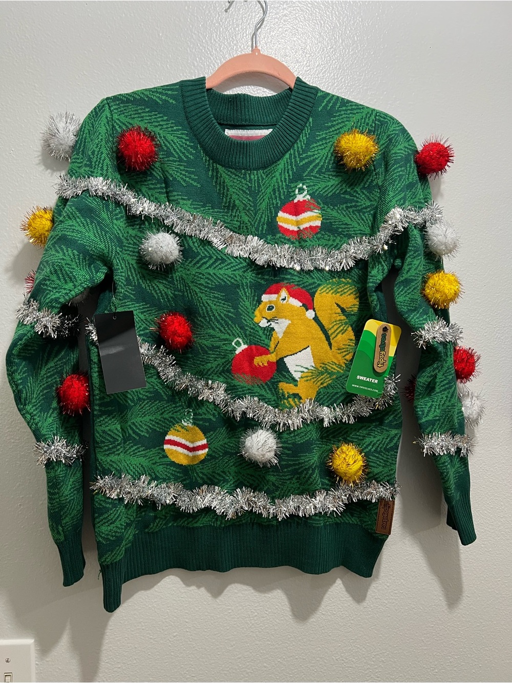 Tipsy Elves Green 3D Squirrel Christmas Sweater with Pom-Pom’s